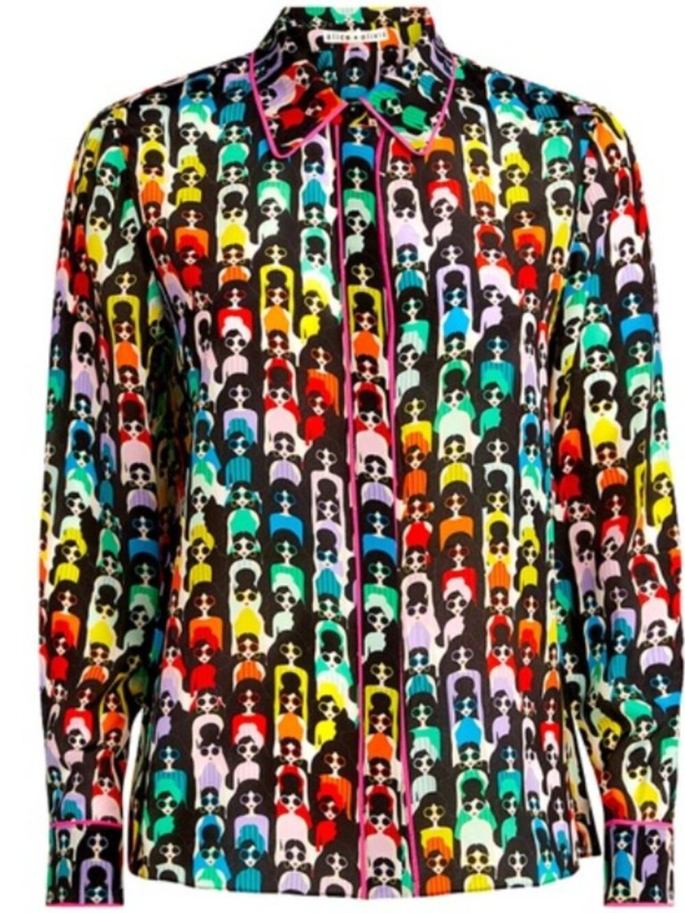 Alice + Olivia Willa Stace Face Multicolor Silk Button Up Top, NWT, Size Small